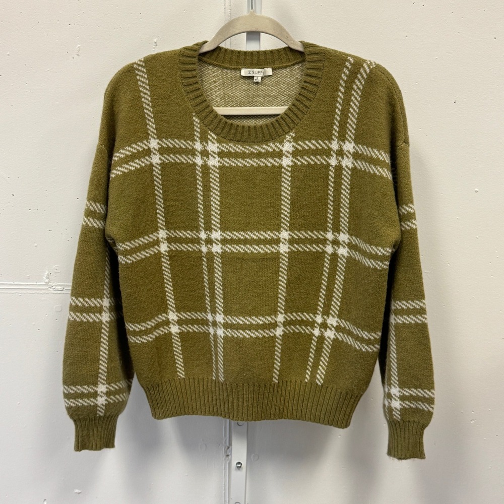 Z SUPPLY Olive Green Plaid Crewneck Knit Sweater ZW234225 Women's Small Fall